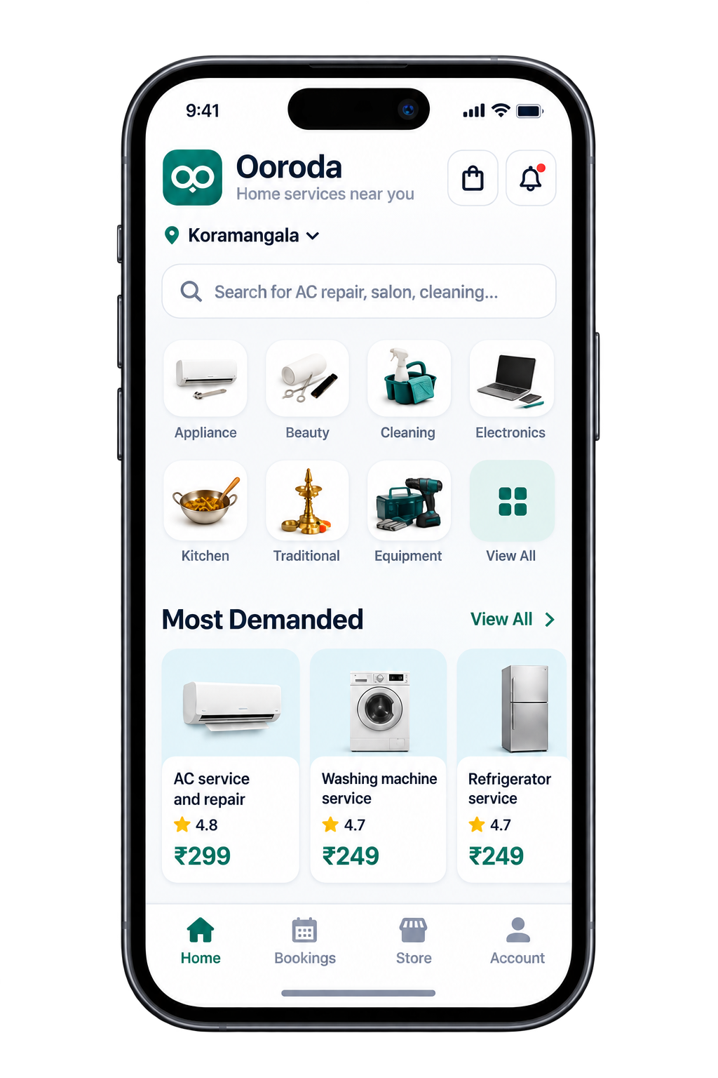 Ooroda home-services app on a smartphone showing service categories and popular bookings