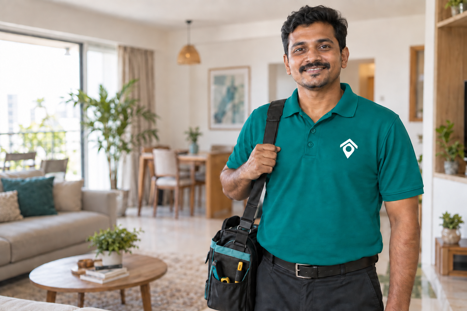 Indian Ooroda home-services professional wearing a teal branded shirt and carrying a tool bag